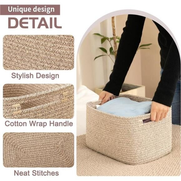 Woven Cotton Storage Baskets Set Cube Shelf Organizer Bins with Handles - Picture 3 of 8